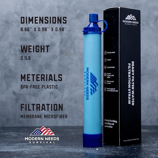 MODERN NEEDS Ready Filter Personal Water Filter Straw | Backpacking Water Filter for Hiking & Camping | Portable Water Purifier Camping | Emergency Survival Gear & Camping Survival Kit | 2 Pack