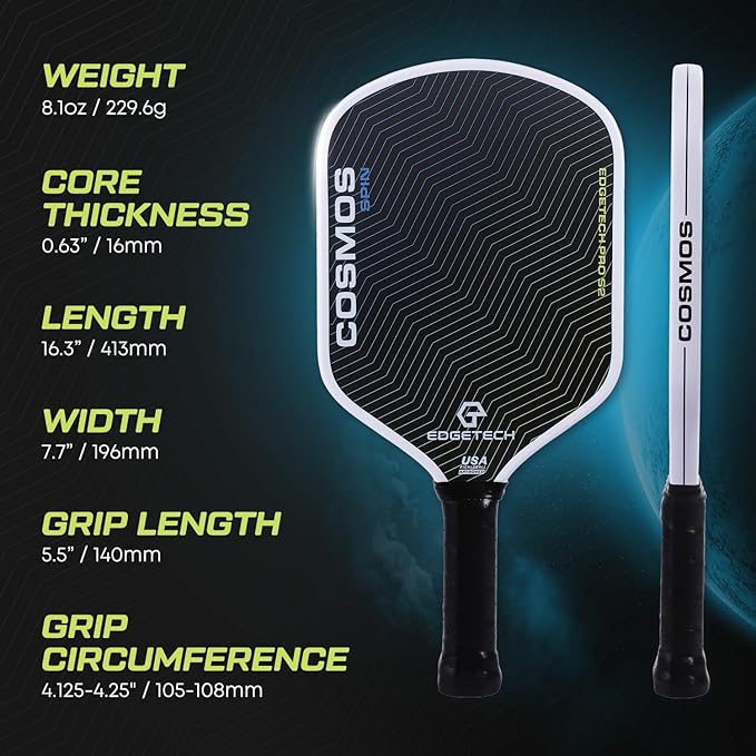 Cosmos Spin | Edgetech Pickleball 16mm Paddle + Cover | Dual Layer Surface - Titanium Weave Base - T700 Raw Carbon Fiber Surface | Orbit Grooves for Spin | Space Propulsion Honeycomb PP Core