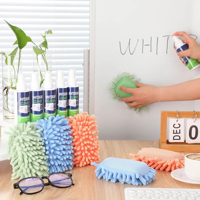 Fuyoooo 6 Pack Whiteboard Cleaner 3.4 Fl oz White Board Cleaning Spray Dry Erase Board Cleaner with Microfiber Shag Whiteboard Eraser Removes Stubborn Marks from Chalkboard (Pastel)