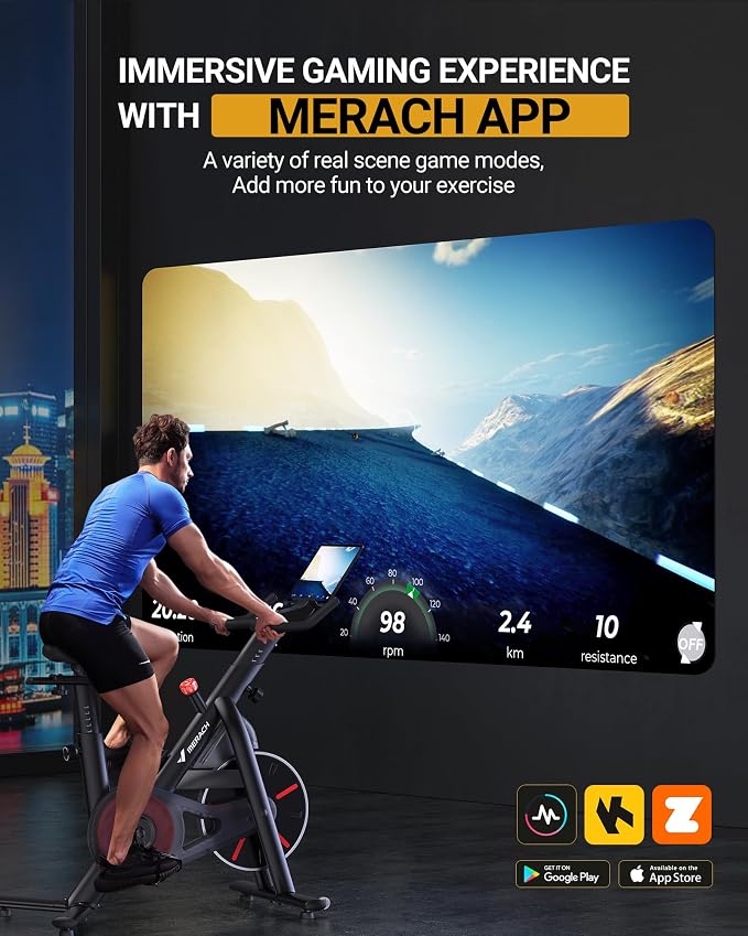 Merach Exercise Bike, Magnetic Friction Stationary Bike with Brake Pad and Exclusive App, Low Noise Indoor Cycling Bike with 300lbs Weight Capacity, Tablet Mount and Fitness Courses for Weight Loss