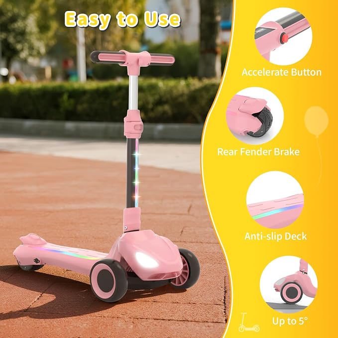 SIMATE Electric Scooter for Kids Ages 3+, 3 Wheel Balance Scooter, 3 Adjustable Heights, Foldable & LED Display & Thumb Throttle, Long Battery Life, Full Body Lights Up, Gift for Kids Boys Girls
