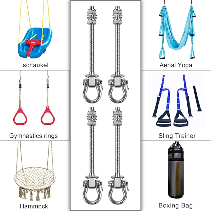SELEWARE Heavy Duty Bearing Swing Hangers, 4 Pack Stainless Steel Hooks for Wood and Steel Beam, Sets Hardware for Hammock, Yoga, Porch, Heavy Bag, 7" x M2/5", 1500LB Capacity