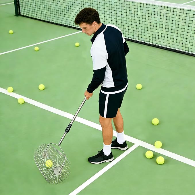 Stainless Steel Tennis Ball Picker Upper Adjustable Cylinder Hopper with Hangable Handle, Portable Tennis Ball Collector and Basket for Easy Pickup and Training, Holds 60+ Balls