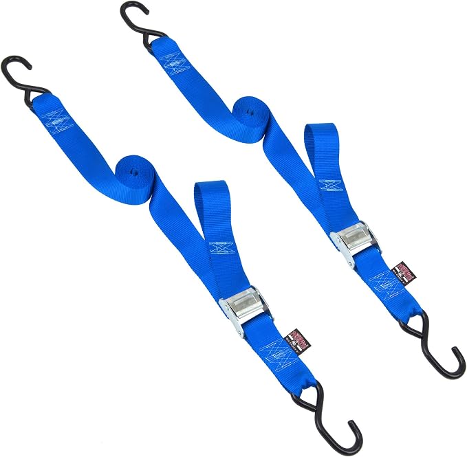 PowerTye Cam Buckle Tie Down Straps – 2 inch x 8ft Straps with S-Hooks – Ideal for Motorcycle, ATV, Trailers, and Truck Bed Cargo – 600 lb WLL & 1,800 lb Break Strength – USA Made, Blue (Pair)