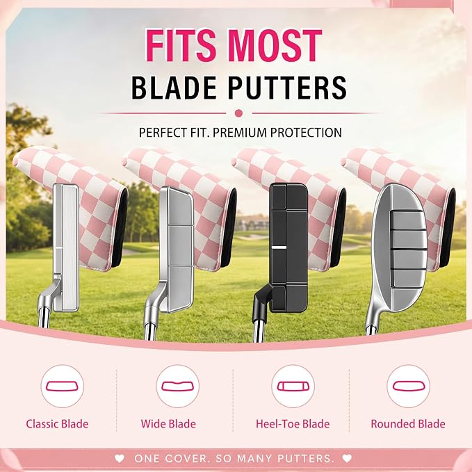 13 Pcs Pink Golf Accessories Kit, Checkered PU Leather Blade Putter Headcover, Water-Resistant & Easy-to-Clean, Magnetic Ball Marker, Tees, Divot Tool, Towel & Brush, Gift for Women Girls