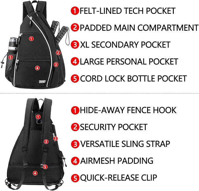 Sucipi Pickleball Bag - Men's & Women's Pickleball Backpack, Adjustable Sling Bag w/Fence Hook/Large Capacity/Safety Pocket