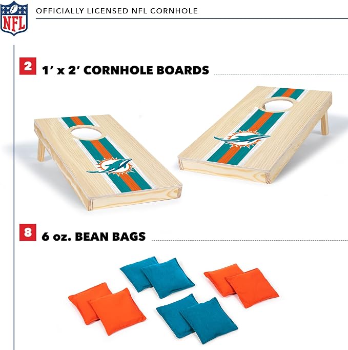 NFL Football Portable Size 1' x 2' Solid Wood Cornhole Set with Direct Print HD Team Graphics – Travel Size