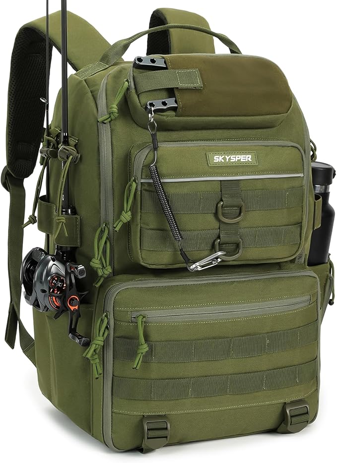 SKYSPER Tackle Backpack Fishing Bags with Rod Holder, 40L Water-Resistant Tackle Box Storage Bag for Fishing Gear Lures(Armygreen)