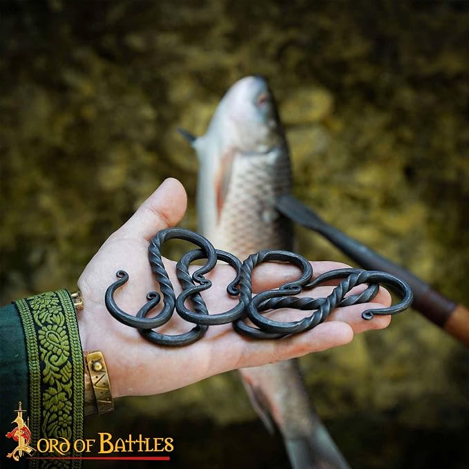 Lord of Battles Twisted Hand Forged Iron S-Hooks Set of 10 - Medieval Rustic Twisted Black S-Shaped Heavy Duty Hanging Hooks for Kitchen, Camping, Garden & Home