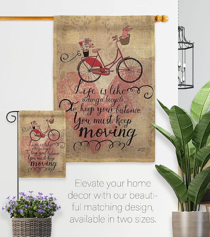 Must Keep Moving Burlap Garden Flag- Set Wall Hanger Sports Cycling Ride Bicycle Bike Velo Entertainment Activity Physical - House Decoration Banner Small Yard Gift Double-Sided Made In USA 13 X 18.5