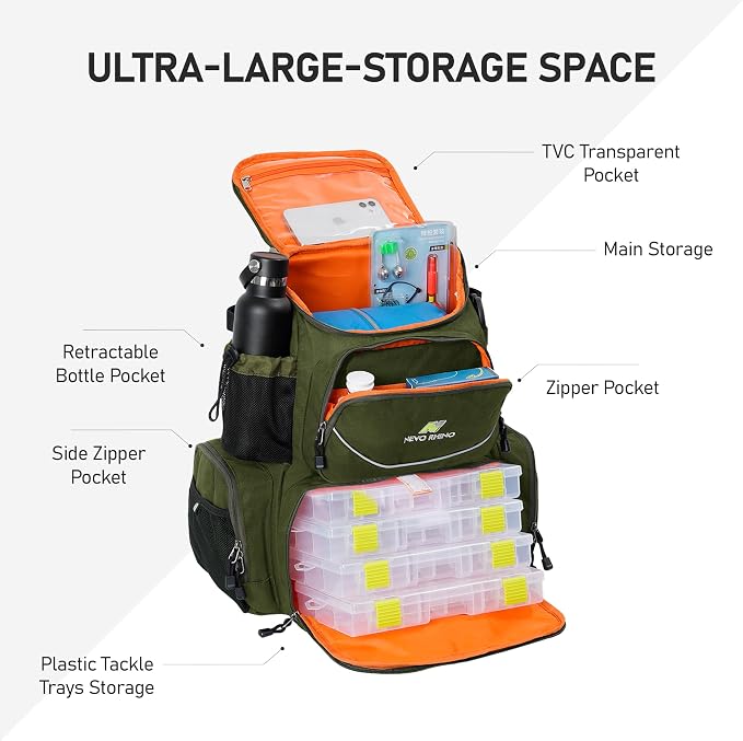 N NEVO RHINO Fishing Tackle Backpack with Rod Holders, 40L Large Fishing Bag with Waterproof Rain Cover,Outdoor Tackle Bag