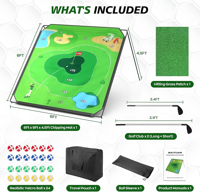 BaiYuan Portable Golf Chipping Game Set for Dads & Junior Golfers - Indoor, Outdoor Backyard & Lawn Fun with 24 Sticky Balls, Putting Mat, 2 Putter & Carry Bag - Easy Setup Family Golf Gifts