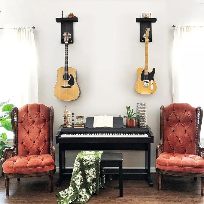 Keebofly Guitar Wall Hanger,2 Pack Guitar Wall Mount Holder Guitar Hanger Shelf with Pick Holder Wood Guitar Rack for Acoustic or Electric Guitar,Ukulele,Bass,Mandolin Black,[Patented]