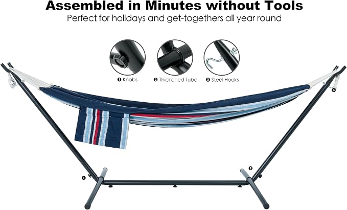 GAFETE Double Hammock with Stand for Outside, Upgraded Spreader Bar, Heavy Duty Space Saving Steel Stand 2 Person, Convenient Pockets, Easy Assembly, 600lbs Weight Capacity, Indoor & Outdoor (Night)