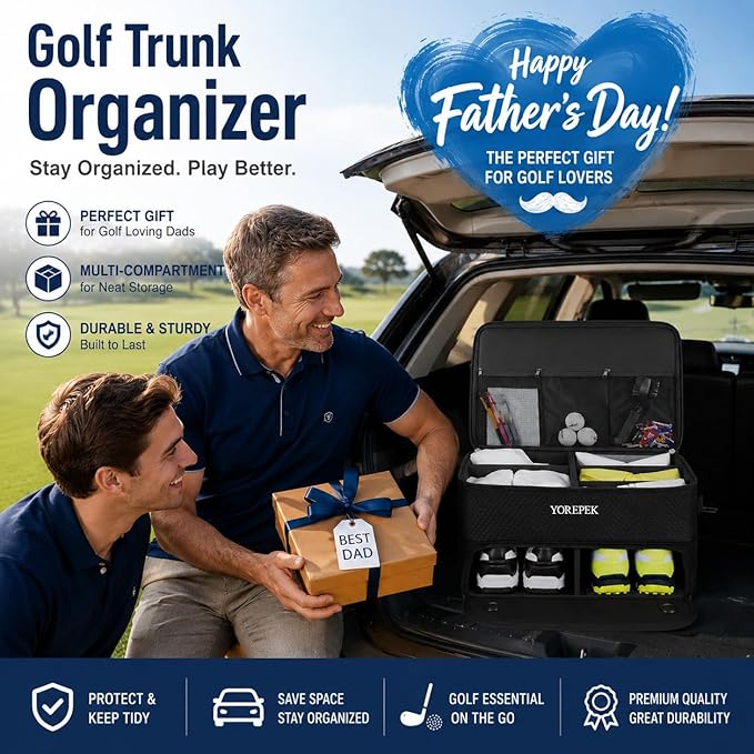 YOREPEK 2 Layer Golf Trunk Organizer, Golf Gifts for Men with Separate Ventilated Compartment for 2 Pair Shoes, Waterproof Car Trunk Locker for Balls, Tees, Clothes, Gloves, Gifts for Golfers