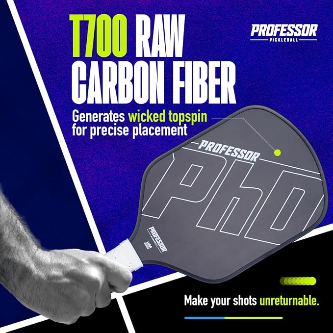 Professor PhD Raw Carbon Fiber Premium Pickleball Paddle Racket - USA Pickleball Approved - Honeycomb Core - Power & Control