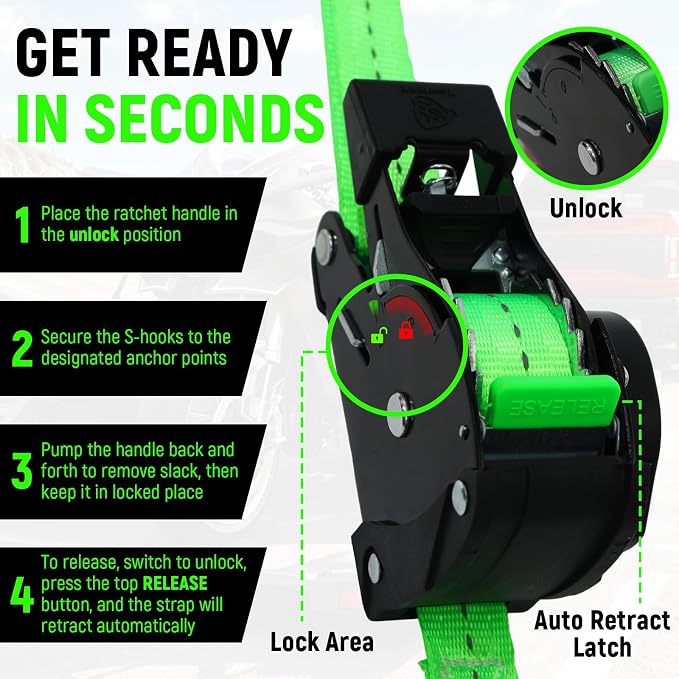 Retractable Ratchet Straps (Patented-2pack) - 1 inch x 10Feet (1,800lb Break Strength) Auto Self Retracting Tie Down Straps - Self Retractable Straps with Refletcive for Motorcyle, Truck or Cargo