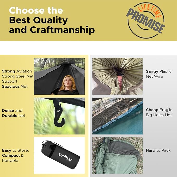 Sunyear Camping Hammock Tent - Portable Hammocks with Mosquito Net (Single/Double, 500lbs Capacity) - Spacious & Anti-Rollover Design with 2 Tree Straps for Hiking, Backpacking, Indoor/Outdoor Use