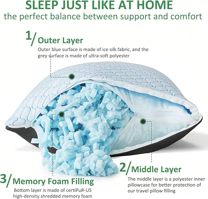 Travel Pillow - Compressible Camping Pillow for Sleeping, Shredded Memory Foam Pillow with Storage Bag Compact Supportive (Grey, Large(2 Pack))
