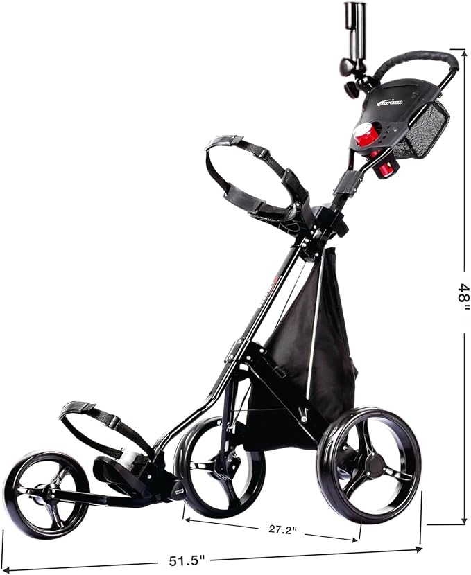 PRECISE Cruiser 3-Wheel Golf Push Cart with Foot Brake & Stabilizer Rods – Folding Golf Trolley, Ergonomic Handle, Detachable Storage Bag, Scorecard & Cup Holder