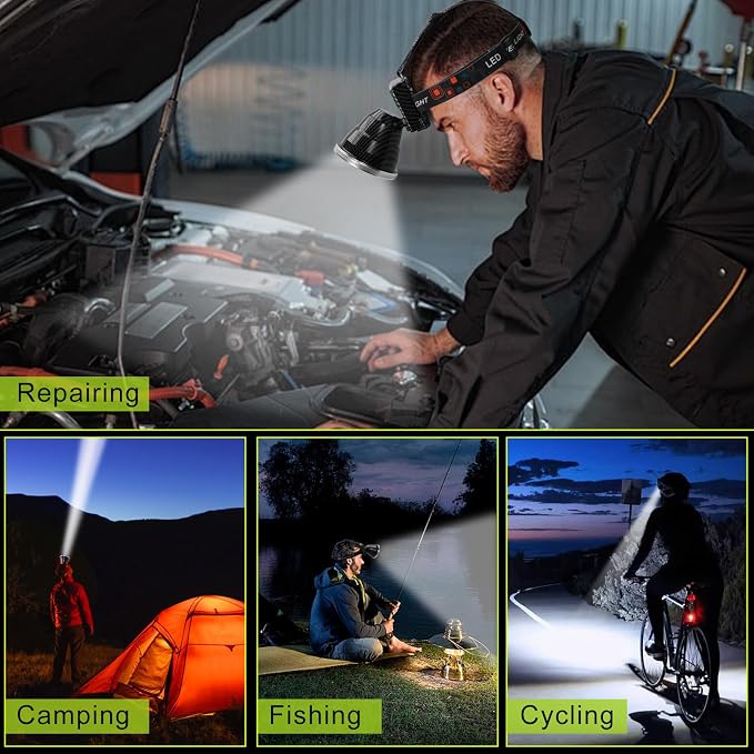 Rechargeable LED Headlamp with Flood and Spot Beam, Power Display, 5 Lighting Modes, Yellow/Blue Filter Lens, High Lumen Outdoor Waterproof Head Torch for Fishing, Hunting, Hiking, Outdoor