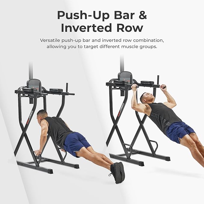 Sunny Health & Fitness Power Tower Dip Station & Pull-Up Bar, Multi-Function Strength Training Equipment with Captain’s Chair, Push-Up Bars & Core Workout for Home Gym