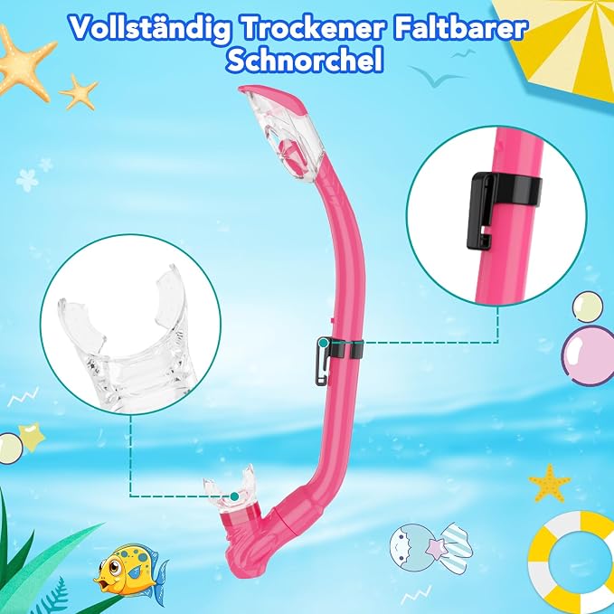 Snorkeling Gear for Kids with Foldable Silicone Full Dry Snorkel, Kids Snorkel Set Anti Leak Youth Junior Snorkeling Package Diving Mask Soft Tube with Mesh Bag Scuba Swimming Goggles