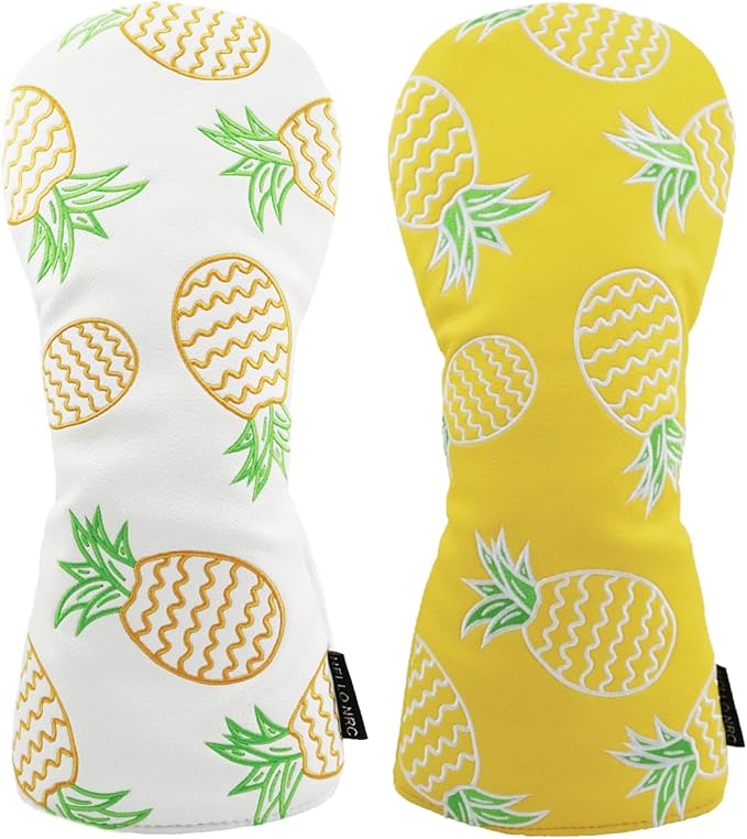 Pineapple Golf Headcovers Set of 3 Driver Fairway Hybrid Covers,Synthetic Leather Rotatable Headcovers for Woods and Driver,3pcs Unisex White or Yellow Golf Club Head Covers