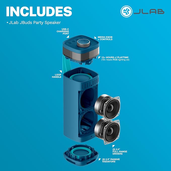 JLab, JBuds Party, Portable Bluetooth Speaker, Waterproof, RGB Lighting, Multi-Speaker Connect, Navy