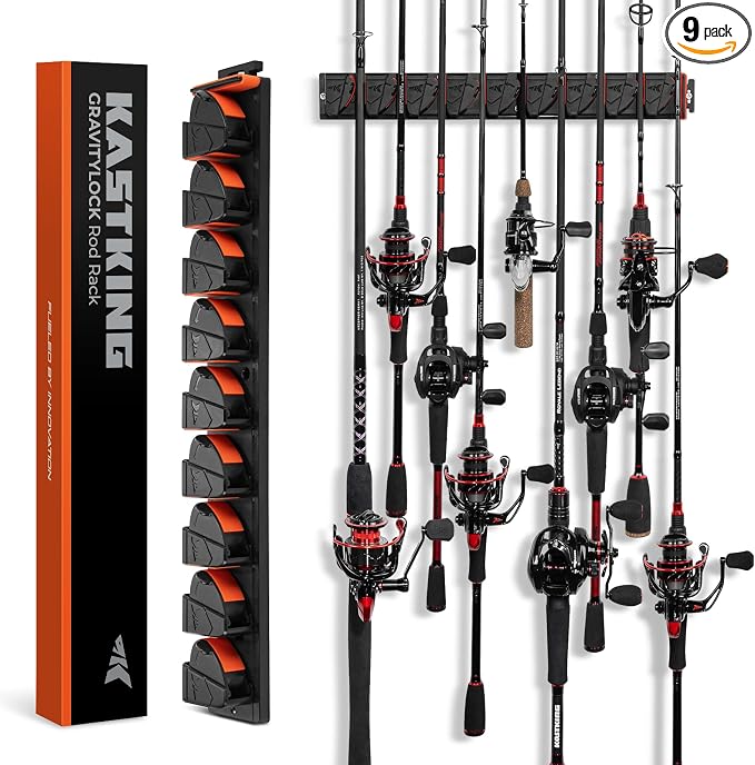 KastKing GravityLock V9 Vertical Fishing Rod Holder, Wall Mounted Fishing Rod Rack, Holds up to 9 Fishing Rods or Combos, Heavy-Duty Grip, One size Fits Most, Fishing Rod Holders for Garage