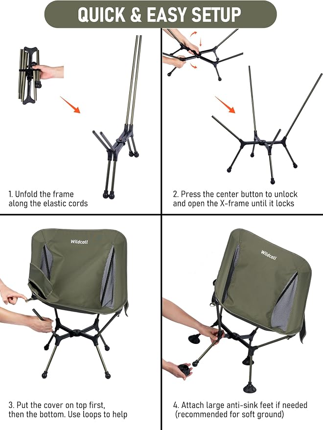WildCall Lightweight Folding Camping Chair Quick Setup Frame Beach Chair Compact Backpacking Chair with Anti-Sink Feet