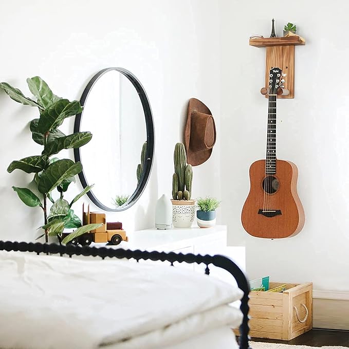 Keebofly Guitar Wall Hanger,2 Pack Guitar Wall Mount Holder Guitar Hanger Shelf with Pick Holder Solid Pine Wood Guitar Rack for Acoustic or Electric Guitar,Ukulele,Bass,Mandolin Brown，[Patented]