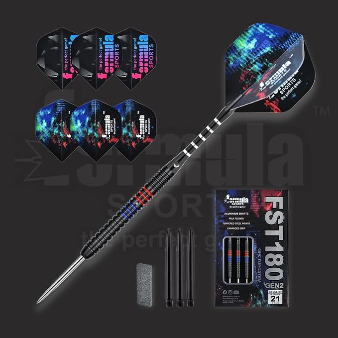Formula Sports 90% Tungsten Darts Metal Tip Set - Professional Steel Tip Darts Set 21g/22g/23g/24g, with Aluminum Shafts, Tungsten Barrels, Dart Sharpener, Extra Flights