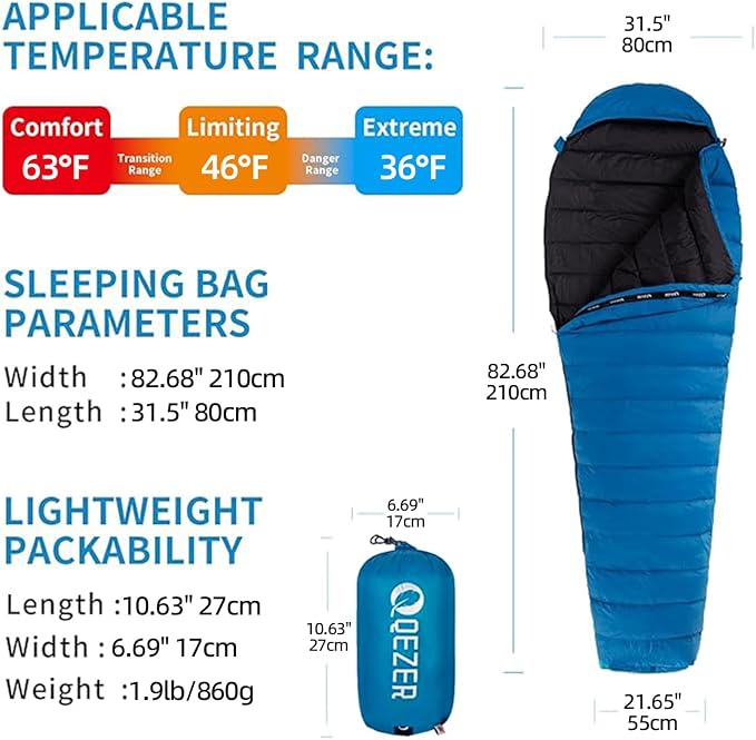 0 Degree Sleeping Bag for Adults 650 Fill Power Down Sleeping Bag for Cold Weather -20F / -8F / 0F / 10F Large Lightweight