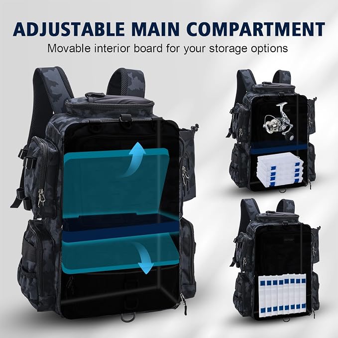 Goture Fishing Backpack, Tackle Backpack with Rod Holders, 45L 600D Large Fishing Bag Gear Storage, Water Resistant Tackle Bag with 8 Lure Pockets, Rain Cover for Camping Hiking (Without Tackle Box)