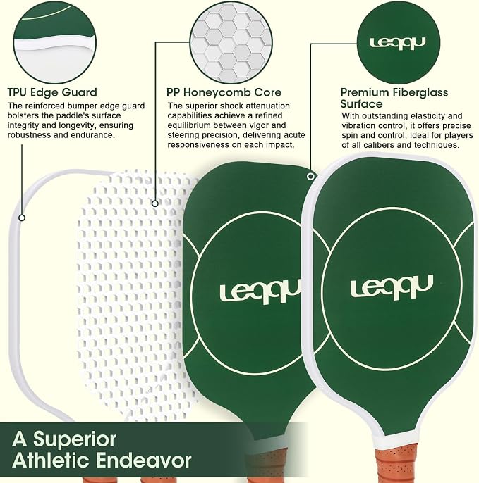 Fiberglass Pickleball Paddles Set of 2, Lightweight Pickle Ball Rackets Kit with Honeycomb Core Control Durable, 4 Outdoor Indoor Balls and Carrying Bag for Men Women
