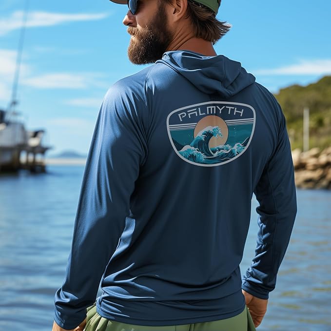 Palmyth Fishing Hoodie for Men Long Sleeve Sun Protection UV UPF 50+ Shirts | Hidden Zipper Pocket, Thumb Loops, Quick-Dry, Side Mesh Panels, Lens Cleaning Cloth, 4-Way Stretch