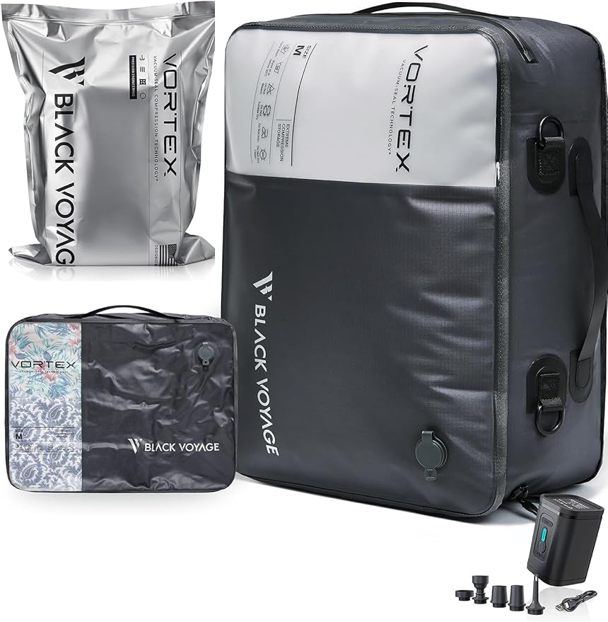 Black Voyage Reusable Vacuum Compression Travel Bag for Carry-On Suitcase and Backpack, Recycled IPX8 Waterproof Space Saver Vacpack (1-Pack, 21L - Pump Included)