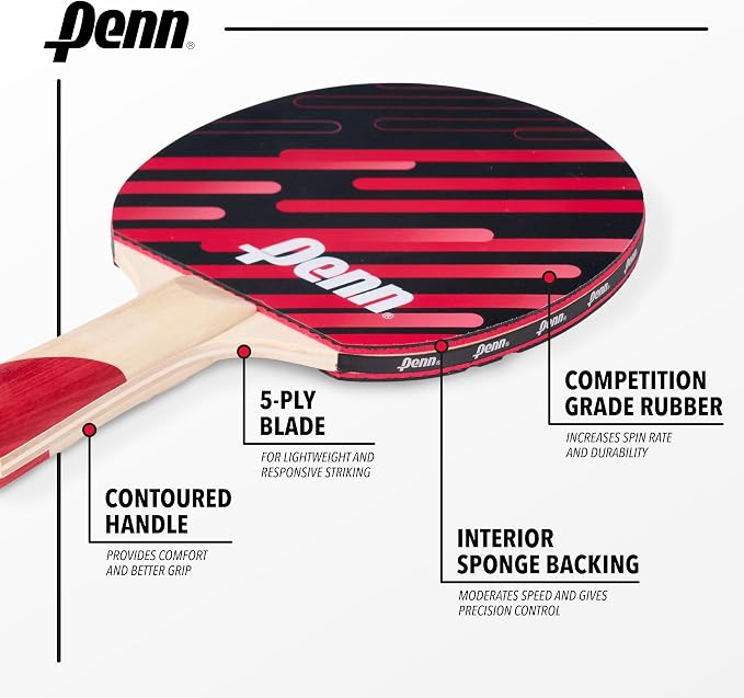 Penn 2-Player Table Tennis Paddle Set - 2 x 3.0 Paddles, 3 Balls & Storage Pouch - Ping Pong Rackets with Balanced Sponge Backing, Competition Rubber & Ergonomic Handle - Outdoor Sports