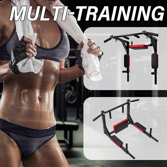 Multifunctional Wall Mounted Pull Up Bar, Pull Up Dip Station for Indoor Home Gym Workout, Heavy Duty Steel Supports up to 440 LBS