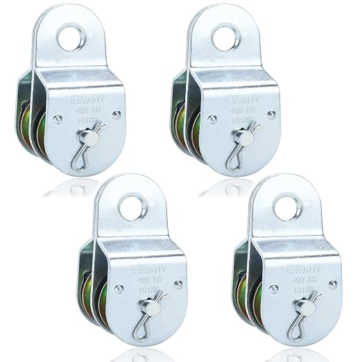 Fixed Double Pulleys, Double Groove Cable Fixed Pulley Block, Double Pulley Block Wheel, Double Pulley Roller, Loading 400 LBS Each, Iron with Zinc Plated (4, 1-1/2 Inch)