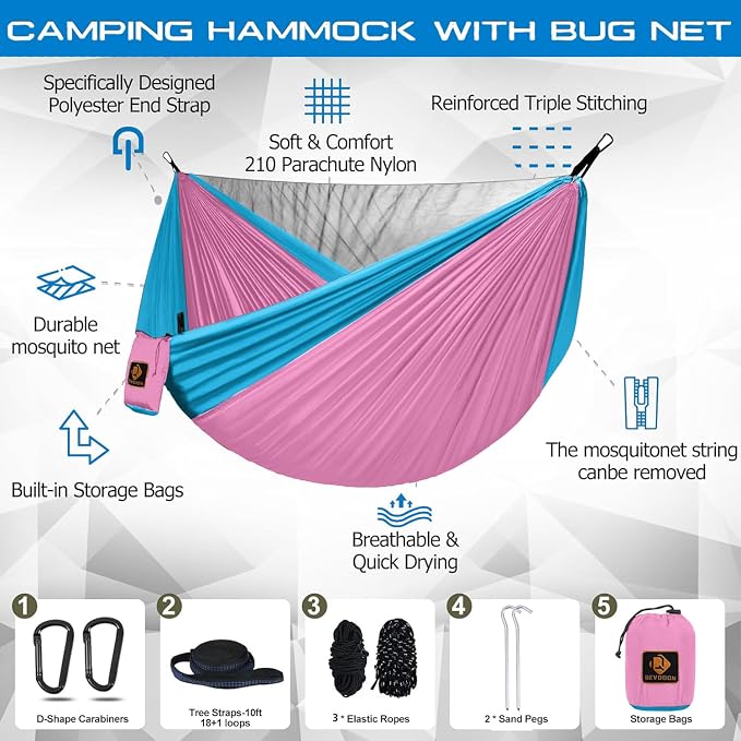 Kids Hammock, Camping Hammock with Mosquito Net, Lightweight Nylon Portable Hammock with 10ft Tree Straps,Hammocks for Travel Hiking Backpacking Beach Patio