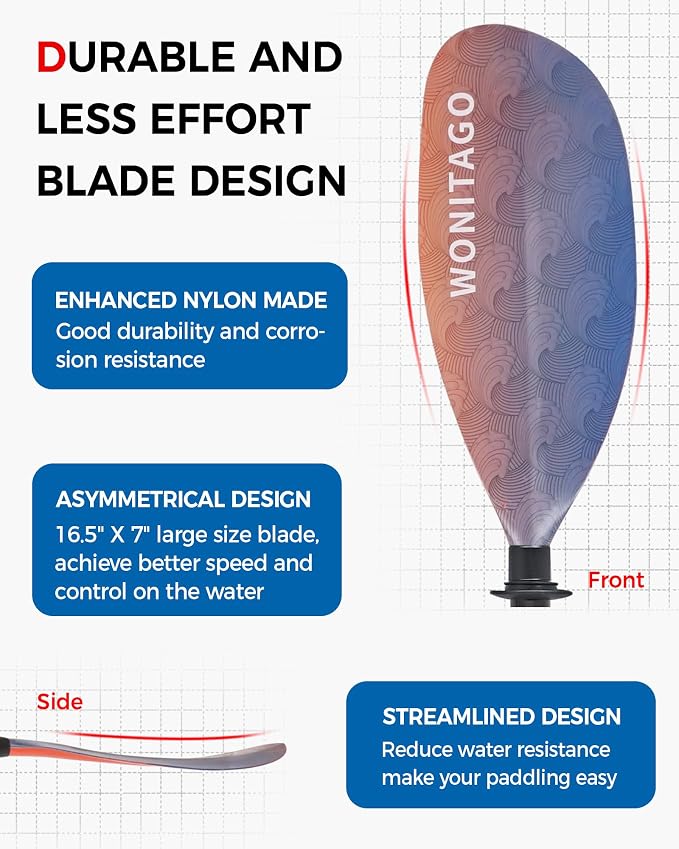 Kayak Paddle with Fiberglass Shaft and Reinforced Nylon Blade, Adjustable Kayaking Oars, 3 Piece, 230-250 cm/90-98 inches, 210-230 cm/82-90 inches