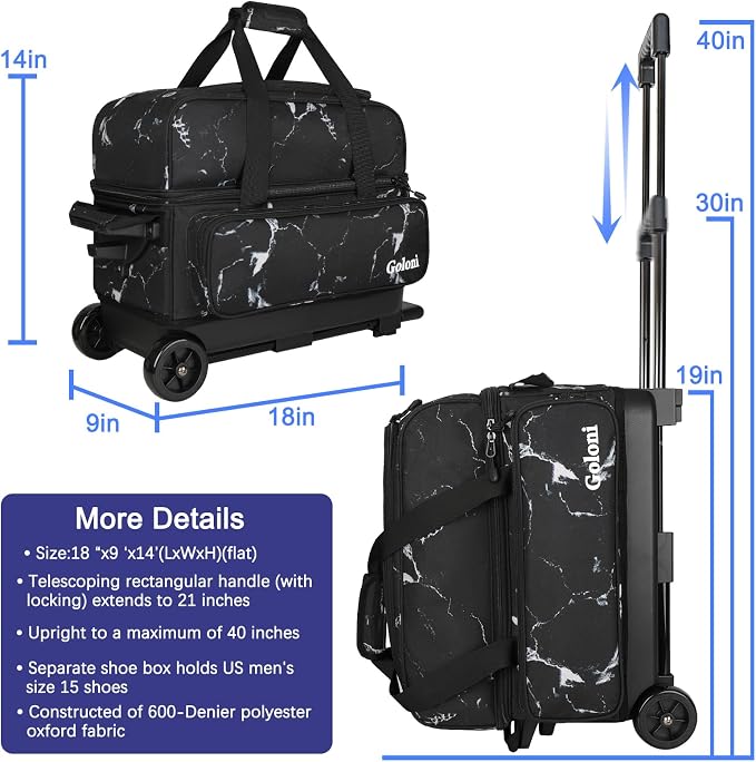 Goloni Double Roller 2 Ball Bowling Bag with Separate Shoe Compartment,2 Ball Bowling Bag with Wheels,Retractable Handle Extends to 40"