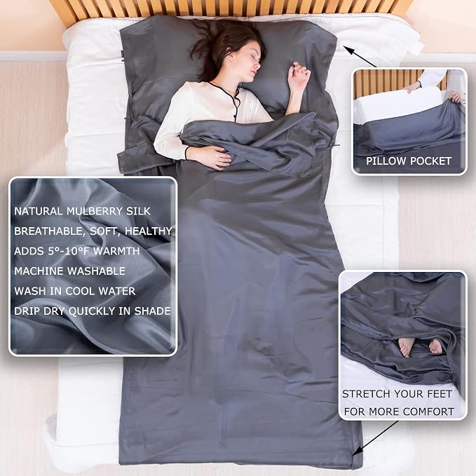 100% Silk Sleep Sack with Zippers on 3 Sides, 87”x43” Large Sleeping Liners for Hotels, Travel & Camping, Multifunctional Travel Sheets (Unzipped:87”x87”) for Adults, Lightweight, All Seasons