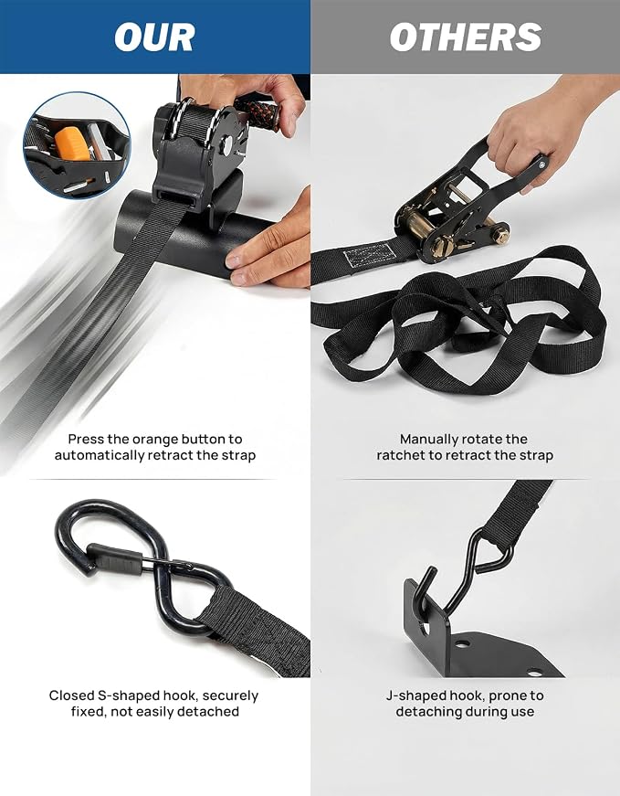 JOYTUTUS 2PCS Retractable Ratchet Straps for Round Tube, 2-Pack Heavy Duty 10'x1'' Auto Retracting Tie Down Straps, 1,500lb Break Strength, Black