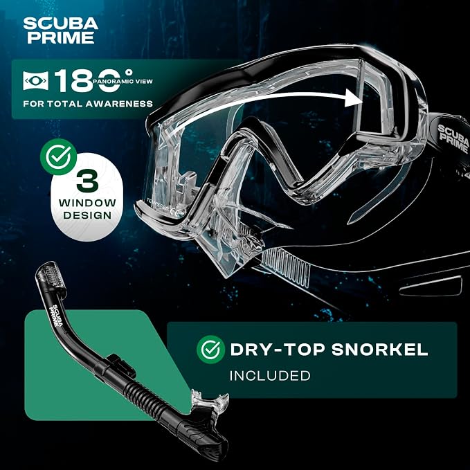 Pano 3 180° Panoramic Dive Mask, Three-Window Tempered Glass Scuba Mask with Dry Top Snorkel, Dual-Layer Silicone Skirt Anti-Leak Diving Gear for Men Women Teens Adults, 4 Color Options