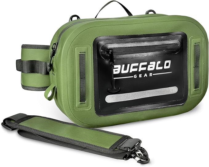 Buffalo Gear Waterproof Fishing Fanny Pack,8.9L Fishing Waist Pack with Airtight Zipper for Fly Fishing,Kayaking,Camping,Outdoor Sports Green