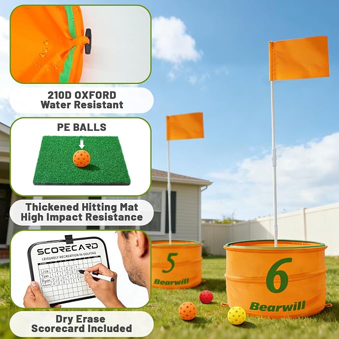 Bearwill Golf Bucket Game for Family, Adults and Kids Portable 6 Hole Golf Course with Balls and Flag, Outdoor Indoor Golf Yard Game for Park, Beach, Lawn, Camping