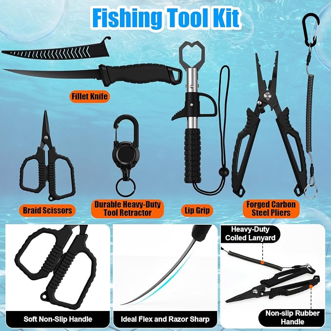 Fishing Lures Kit with Tackle Box, Pliers, Fish Gripper, Saltwater Freshwater Gear Set for Bass Trout, Hooks Weights Bobbers Rigs Leaders